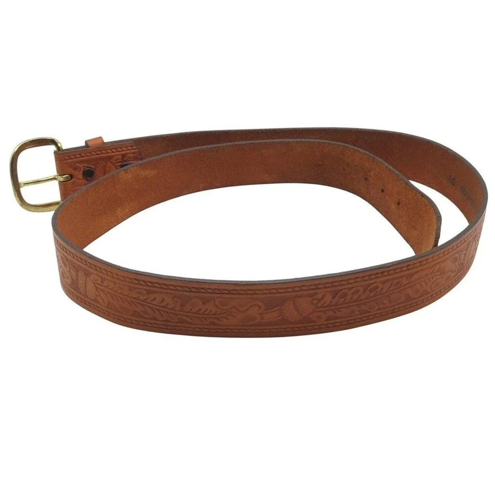 Vintage Western Tooled Leather Belt Acorn Oak Leaf USA Made Size 40 Brass Buckle